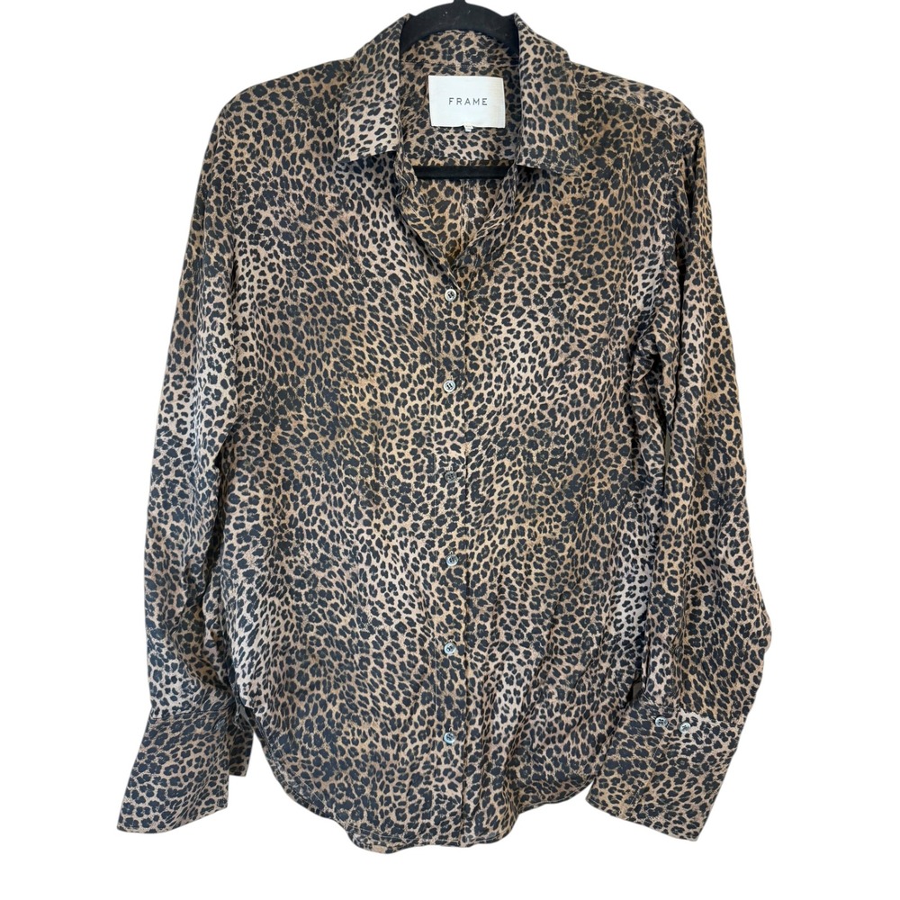 FRAME Women Leopard Print 100% Silk Button Down Shirt Brown S Sample